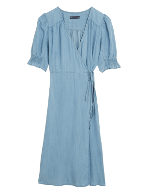 

Womens M&S Collection Tencel™ Denim V-Neck Midi Wrap Dress, Denim