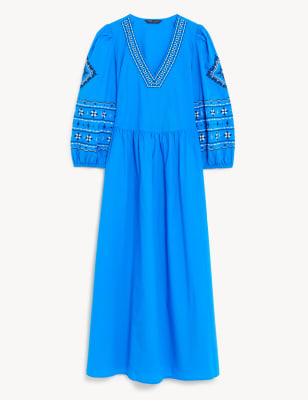 Pure Cotton Embroidered V-Neck Midi Dress
