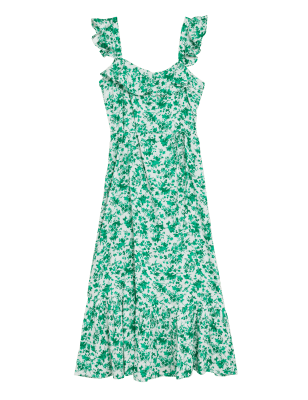 

Womens M&S Collection Tailliertes Midikleid mit Blumenmuster und eckigem Ausschnitt - Green Mix, Green Mix