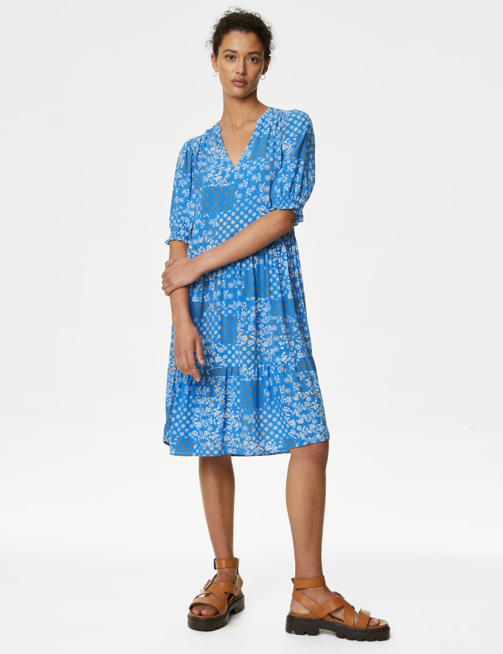 Printed V-Neck Knee Length Tiered Dress image 1