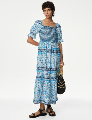 Pure Cotton Printed Square Neck Midi Dress