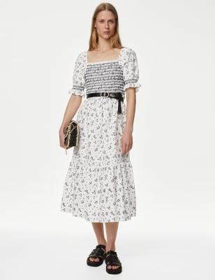 Pure Cotton Printed Square Neck Midi Dress