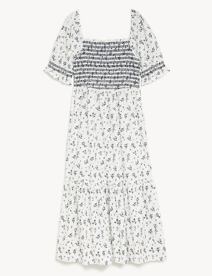 Pure Cotton Printed Square Neck Midi Dress