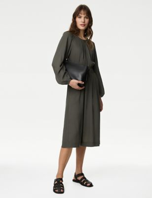 

Womens M&S Collection Round Neck Keyhole Midi Waisted Dress - Dark Olive, Dark Olive