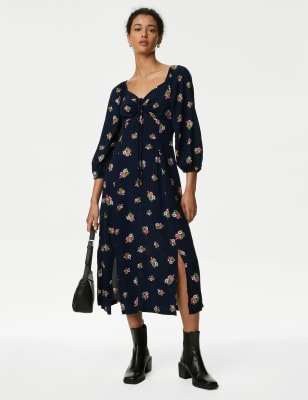 

Womens M&S Collection Gemustertes Midi-Teekleid mit Herzausschnitt - Navy Mix, Navy Mix