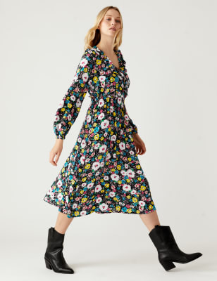 Pure Cotton Ditsy Floral Midi Waisted Dress, M&S Collection