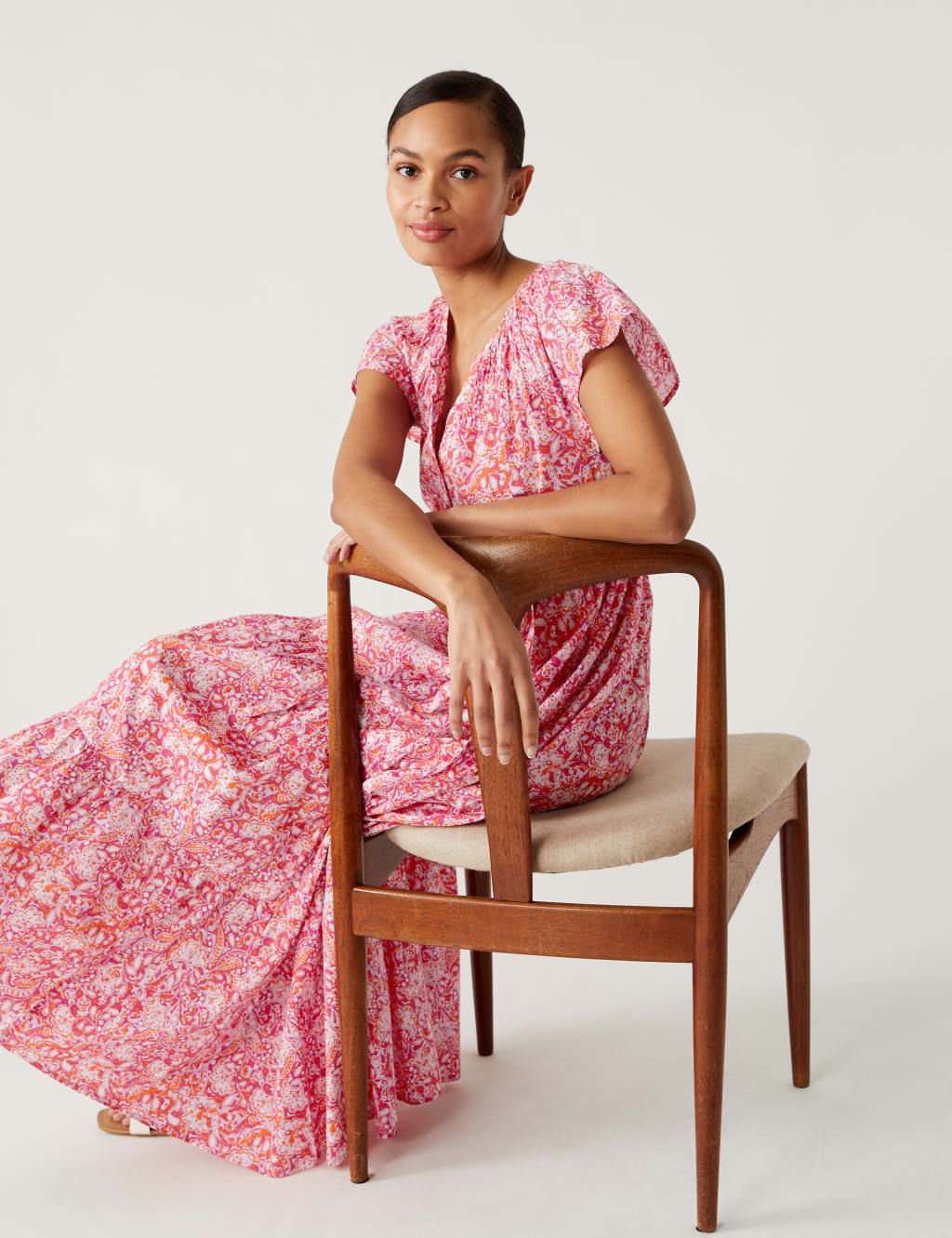 Pure Cotton Printed V-Neck Midaxi Dress image 1
