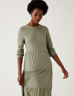 Cotton Jersey Midi Tiered Dress