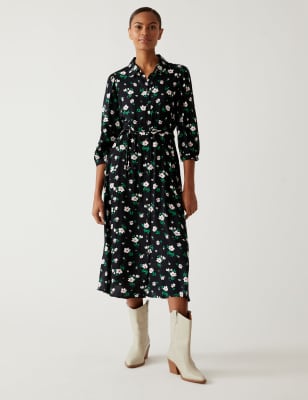 

Womens M&S Collection Floral Tie Waist Midi Shirt Dress - Black Mix, Black Mix