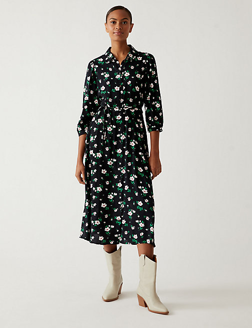 Marks And Spencer Womens M&S Collection Floral Tie Waist Midi Shirt Dress - Black Mix, Black Mix
