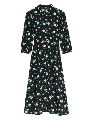 

Womens M&S Collection Floral Tie Waist Midi Shirt Dress - Black Mix, Black Mix