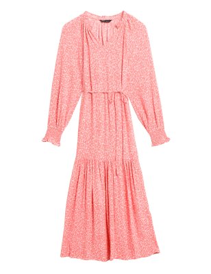 

Womens M&S Collection Gemustertes Midi-Stufenkleid mit V-Ausschnitt und Bindegürtel - Coral Mix, Coral Mix