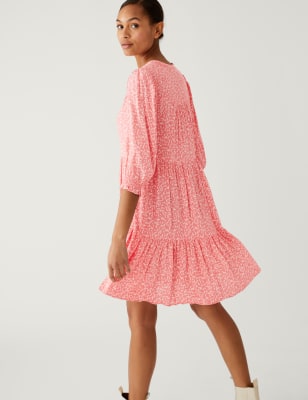 

Womens M&S Collection Printed Tie Neck Mini Tiered Dress - Coral Mix, Coral Mix
