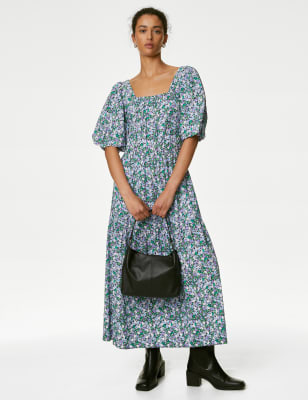 Cotton Blend Floral Square Neck Midi Dress | M&S CA