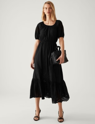 

Womens M&S Collection Pure Cotton Broderie Midaxi Tiered Dress - Black, Black