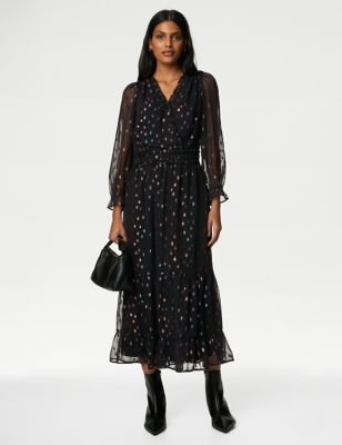 

Womens M&S Collection Foil Polka Dot V-Neck Midi Tiered Dress - Black, Black