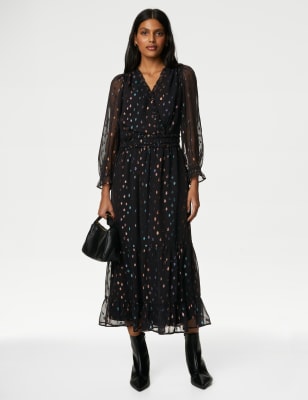 Foil Polka Dot V-Neck Midi Tiered Dress | M&S CA