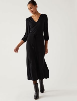 

Womens M&S Collection Jersey V-Neck Tie Waist Midi Tea Dress - Black, Black