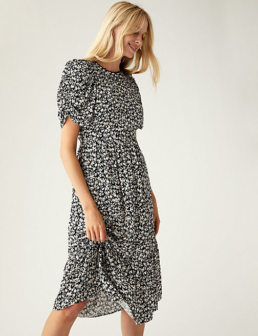 Marks And Spencer Womens M&S Collection Floral Round Neck Midi Tea Dress - Black Mix, Black Mix