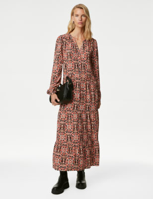 

Womens M&S Collection Printed V-Neck Midi Tiered Dress - Orange Mix, Orange Mix