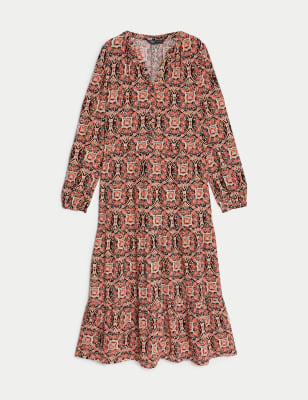 Printed V-Neck Midi Tiered Dress