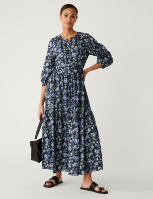 

M&S Collection Vestido camisero maxi a media pierna estampado 100% algodónWomens - Navy Mix, Navy Mix