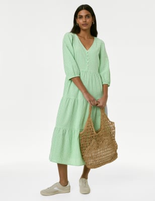 M&S Womens Pure Cotton Gingham Midi Tiered Dress - 16PET - Green Mix, Green Mix