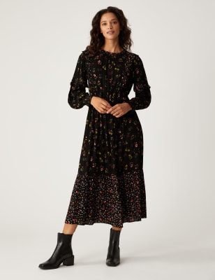 Marks and Spencer Floral Print Frill Sleeve Swing MIDI Dress M&S