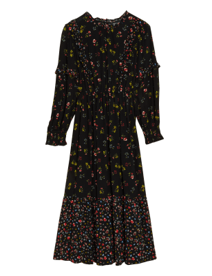 

M&S Collection Vestido a media pierna floral con volantesWomens - Black Mix, Black Mix