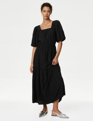 

Womens M&S Collection Textured Square Neck Midi Tiered Dress - Black, Black