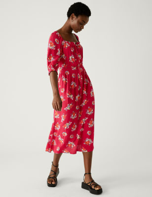 

M&S Collection Vestido a media pierna a la cintura estampado de escote cuadradoWomens - Pink Mix, Pink Mix
