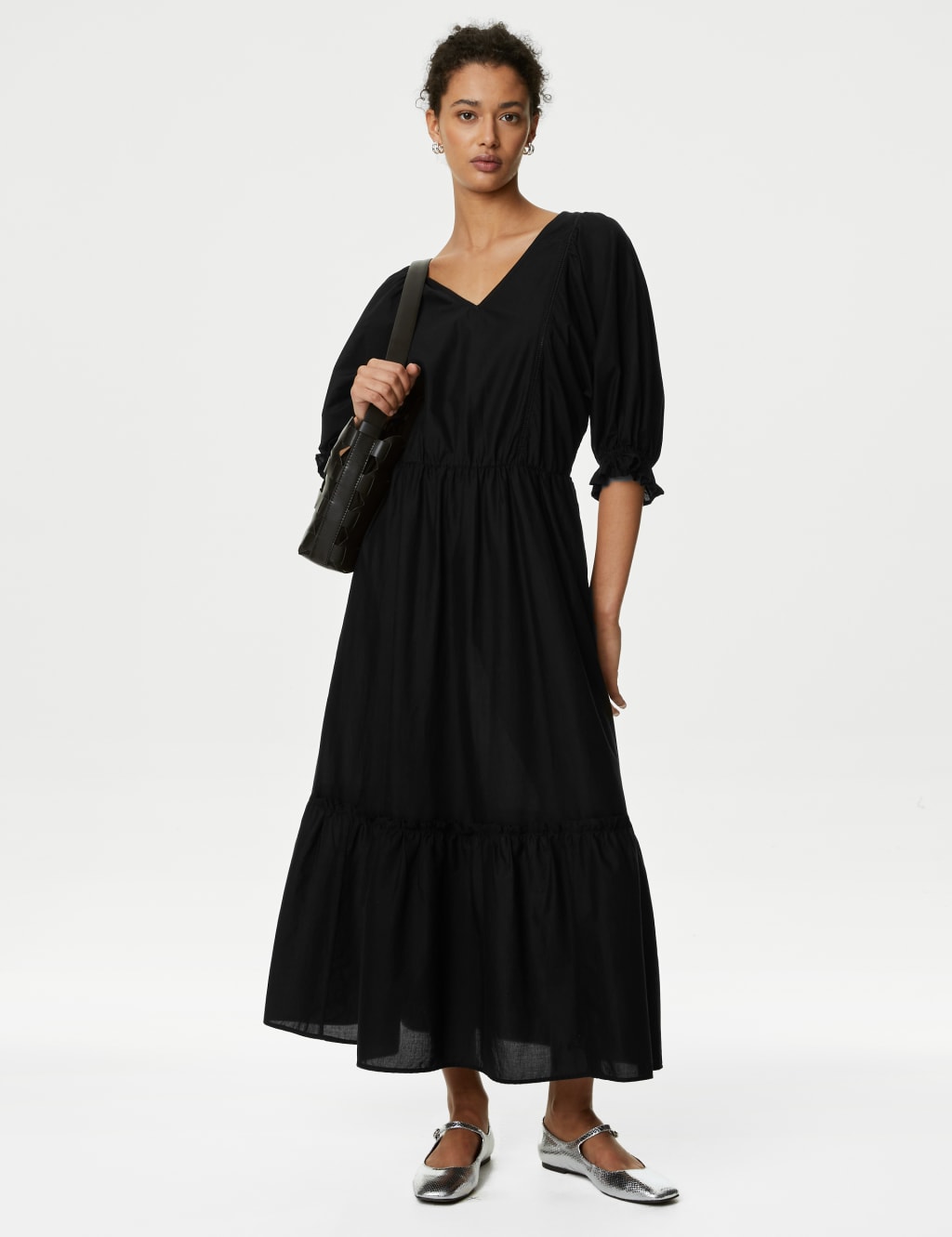 Pure Cotton V-Neck Midi Waisted Dress image 1