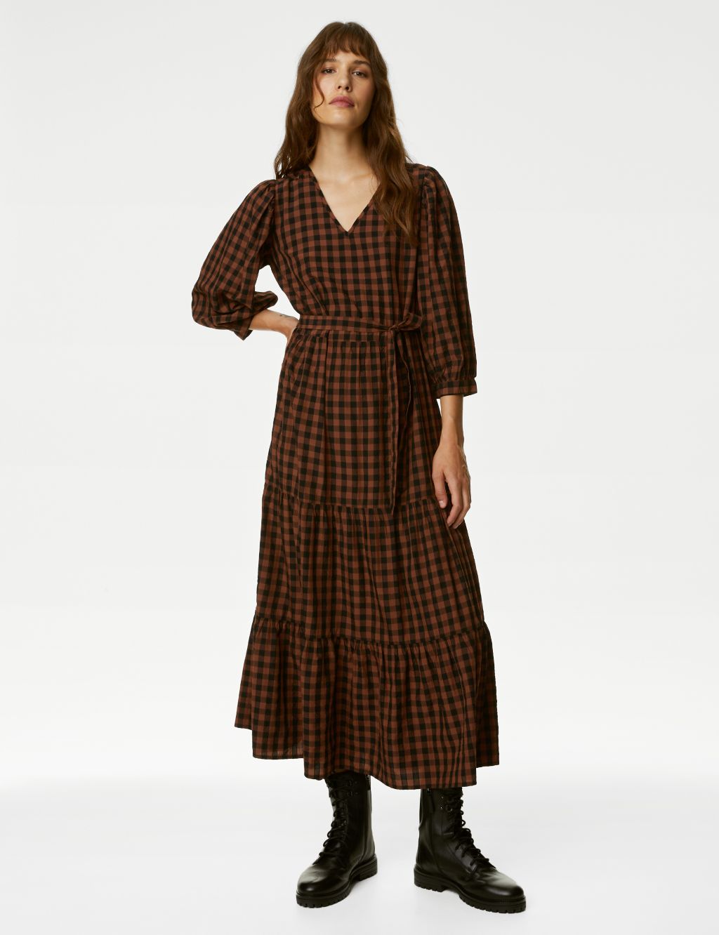 Textured Checked V-Neck Midi Tiered Dress image 1
