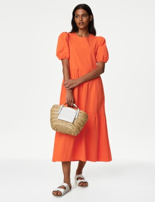 

Womens M&S Collection Cotton Rich Puff Sleeve Midi Tiered Dress - Orange, Orange