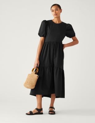 

Womens M&S Collection Cotton Rich Puff Sleeve Midi Tiered Dress - Black, Black