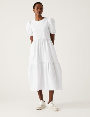 

Womens M&S Collection Cotton Rich Puff Sleeve Midi Tiered Dress - White, White