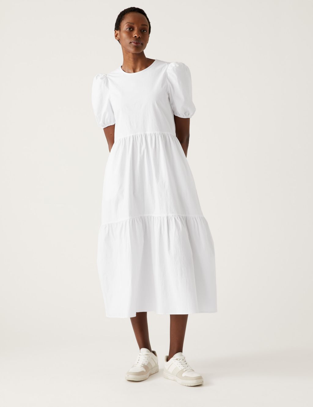 Cotton Rich Puff Sleeve Midi Tiered Dress image 1