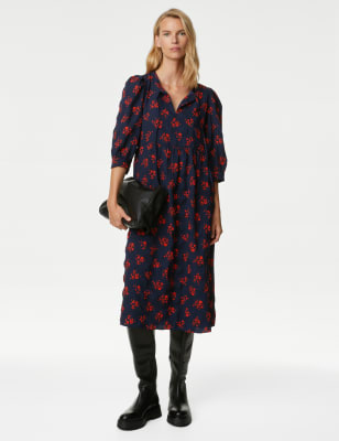 

Womens M&S Collection Textured Printed Tie Neck Midi Waisted Dress - Navy Mix, Navy Mix