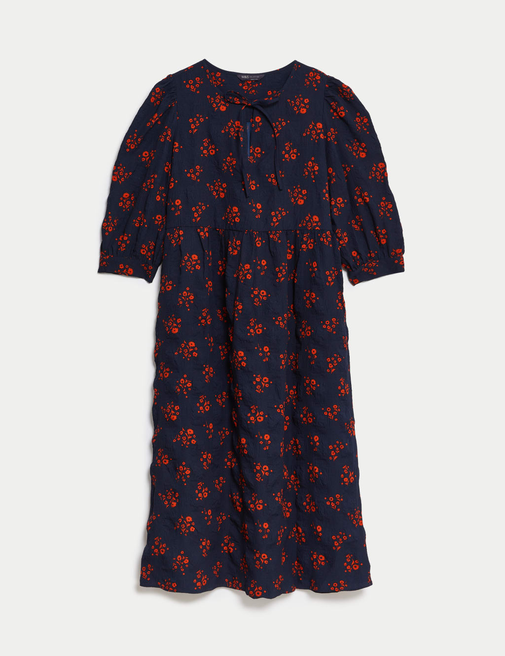Textured Printed Tie Neck Midi Waisted Dress image 2