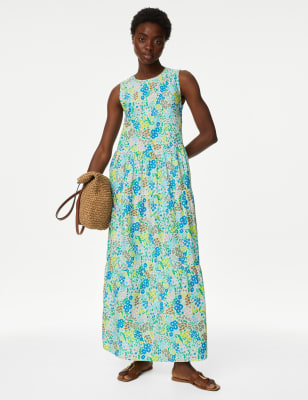 

Womens M&S Collection Pure Cotton Printed Maxi Tiered Dress - Blue Mix, Blue Mix