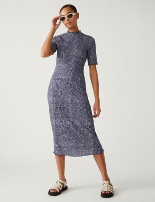 

Womens M&S Collection Schmales Midikleid aus Jersey mit Muster und Rippenmuster - Navy Mix, Navy Mix