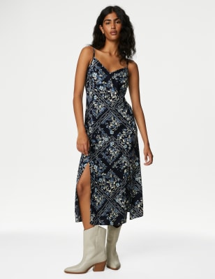 Printed V Neck Midi Slip Dress