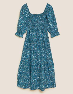 Cotton Rich Floral Square Neck Midi Dress | M&S Collection | M&S
