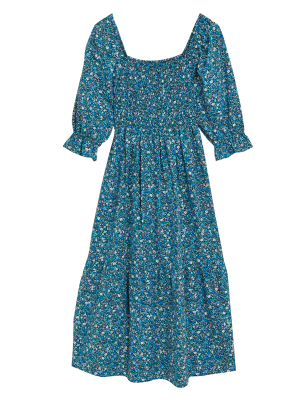 

Womens M&S Collection Cotton Rich Floral Square Neck Midi Dress - Blue Mix, Blue Mix