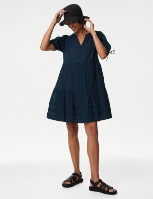 

Womens M&S Collection Mini-Stufenkleid aus reiner Baumwolle mit V-Ausschnitt - Navy, Navy