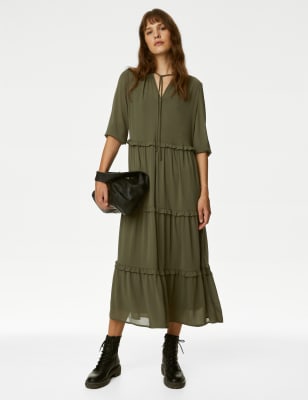 Chiffon V-Neck Midaxi Tiered Dress - NL