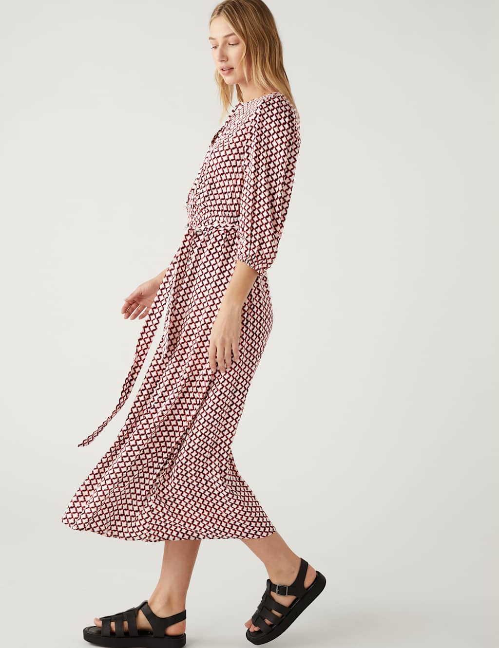 Printed Tie Neck Belted Maxi Tiered Dress image 3