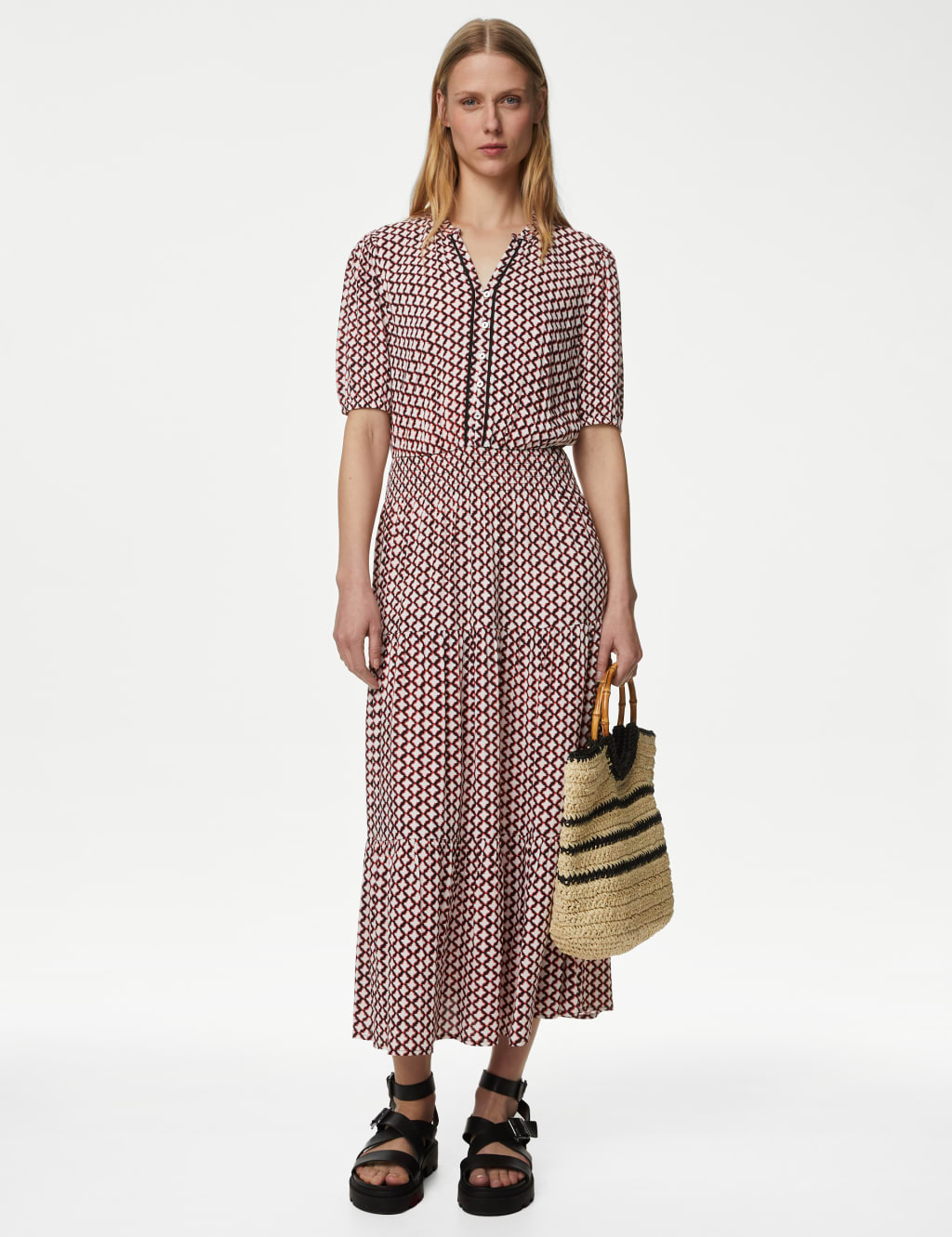 Printed V-Neck Midi Waisted Dress image 1