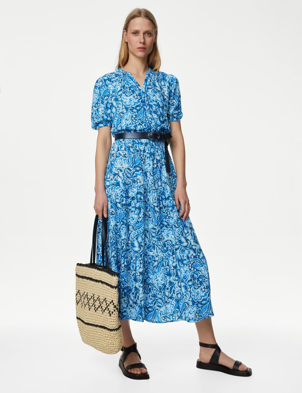 Printed V-Neck Midi Waisted Dress image 1