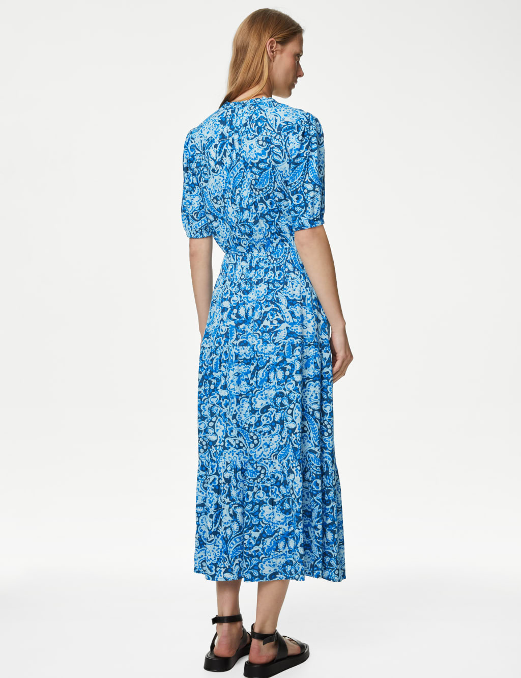 Printed V-Neck Midi Waisted Dress image 4